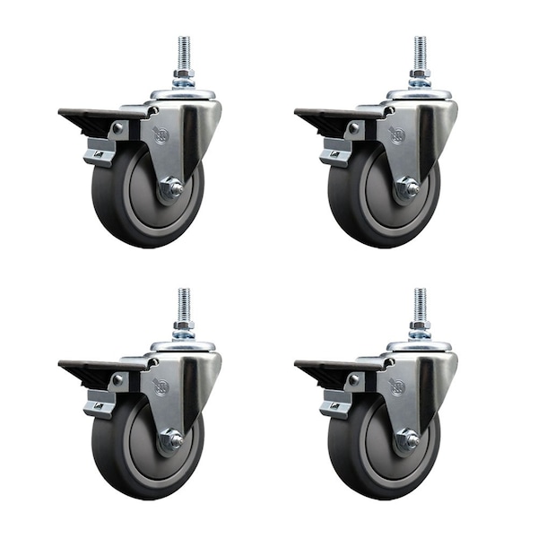 4 Inch Thermoplastic Rubber 12 MM Threaded Stem Caster Set with Brake